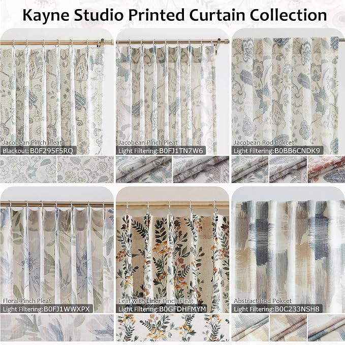 Kayne Studio Pinch Pleated Leaf Floral Window Curtains Light Filtering Lined Drapes Botanical Printed Country Farmhouse Back Tab Window Panels for Living Room Bedroom, 40"x108",Green & Yellow,2 Panels