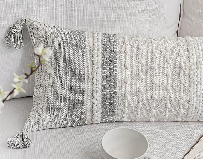 BlissBlush Gray Decorative Lumbar Pillow Cover 14x36, Grey Boho Long Body Pillow for Bed, Farmhouse Lumbar Throw Pillow for Couch, Modern Accent Textured Throw Pillowcase
