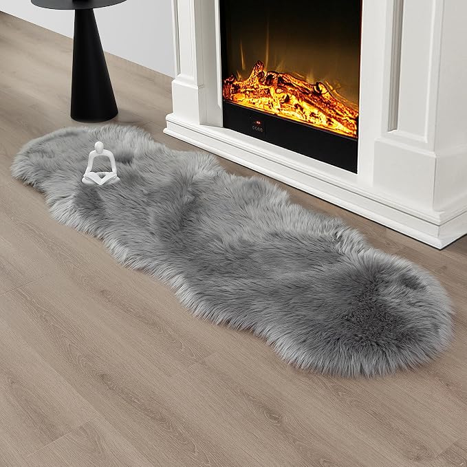 Faux Fur Sheepskin Runner Rug Gery 2x6 ft Ultra Soft Shaggy Plush Fluffy Fuzzy Area Carpet Decorative Chair Cover Floor Mat for Bedroom Sofa Living Room Bedside