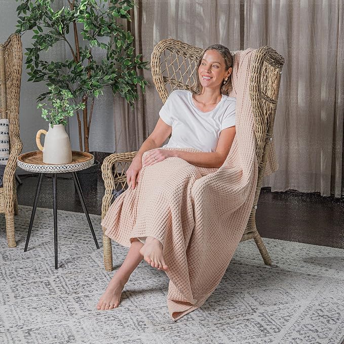 Comfy Cubs Waffle Blanket Queen, 90" x 90" - 100% Cotton Lightweight Breathable Bed Blanket - Soft Textured Thermal Weave for All Seasons – Decorative Cozy Layer for Couch, Sofa, or Bed - Blush