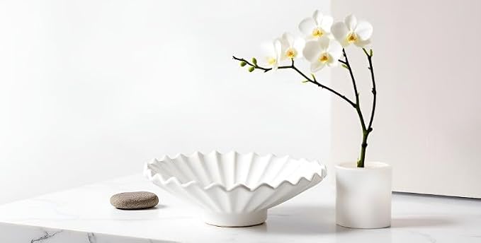 Matte White Pleated Pedestal Bowl - Fluted Scalloped Edge Decorative Cake Stand Bowl, Elevated Footed Display Dish for Home Decor, Modern Farmhouse Centerpiece for Coffee Table Entryway [10.5W X 3.5H]