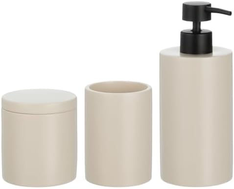 mDesign Resin 3-Piece Bathroom Vanity Countertop Accessories - Soap Dispenser, Tumbler Rinsing Cup, and Canister Holder Sets - Complete Modern Counter Aesthetic - Set of 3 - Taupe/Beige