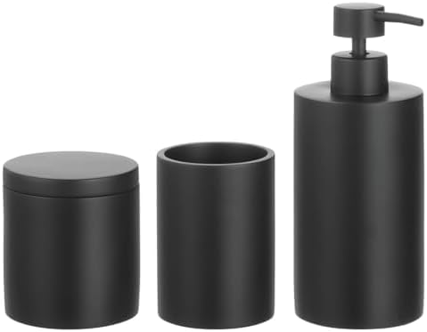 mDesign Resin 3-Piece Bathroom Vanity Countertop Accessories - Soap Dispenser, Tumbler Rinsing Cup, and Canister Holder Sets - Complete Modern Counter Aesthetic - Set of 3 - Black