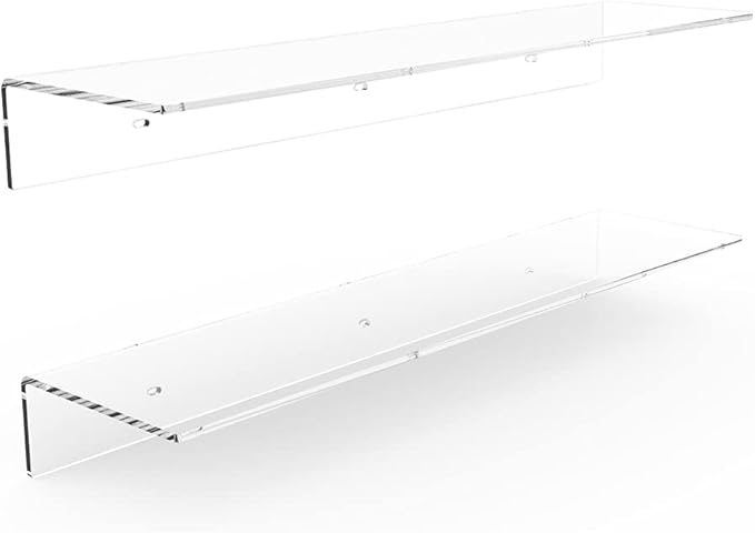Sezanrpt 24 Inches Clear Floating Shelves for Wall, Acrylic Long Wall Shelf, Wall Mounted Shelves for Plants, Speaker, Radio, Funko Pop, Stuffed Animal, Books, Cosmetics, Toiletries, 2 Pack (24 Inch)