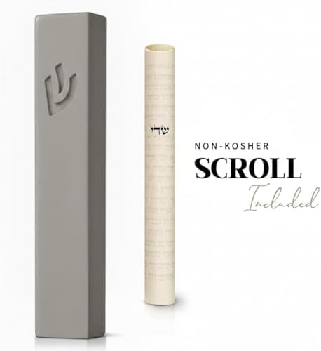 SURI Mezuzah for Door – 7 Inch Light Gray Concrete Mezuzah Case with Non Kosher Scroll, Self-Stick Jewish Entry Design, Fits a 6 Inch Scroll, Gift Box Included