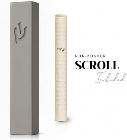 SURI Mezuzah and Non Kosher Scroll Set – 5 Inch Light Gray Concrete Mezuzah Case, Self-Stick Adhesive, Fits a 4 Inch Mezuza Scroll, Gift Box Included