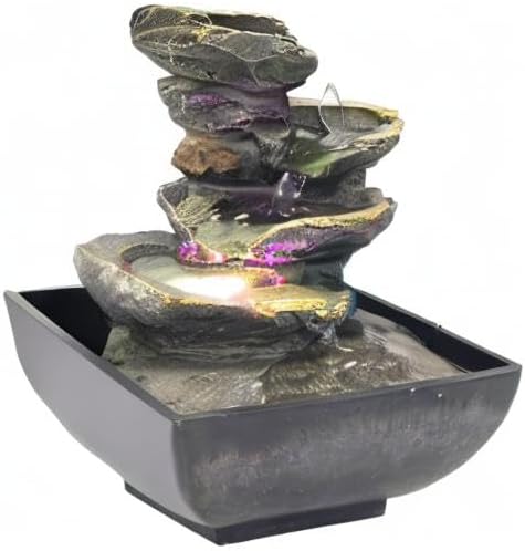 Indoor Tabletop Fountain Water Fountain with Light and Natural Waterfall Sounds for Desktop, Spa and Home Décor, 4-Tier Small Desktop Fountain for Leisure and Relax Zen Meditation