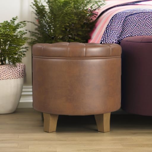 HomePop 19" Faux Leather Button Tufted Round Storage Ottoman - Brown