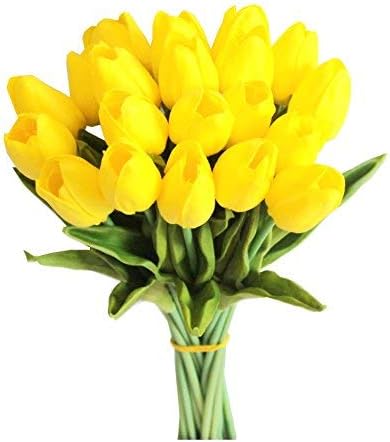 Mandy's Yellow Artificial Tulips Flowers Centerpiece, 13.5" Lifelike PU Fake Floral Stems 20pcs for Kitchen Island & Dining Table, Spring Decor for Easter