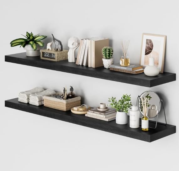 Heimlove 12 Inch Deep Floating Shelves for Wall, 55x12 Mounted Shelves for Bedroom Living Room Bathroom Kitchen Home Office, Set of 2, Black