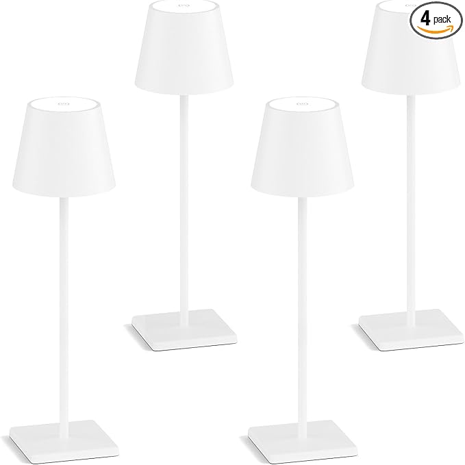 4-Pack Rechargeable Table Lamps, LED Cordless Table Lamp, 5000mAh Battery Operated Table Light, Stepless Dimming Portable Table Light Waterproof for Restaurant/Indoor/Outdoor (White)