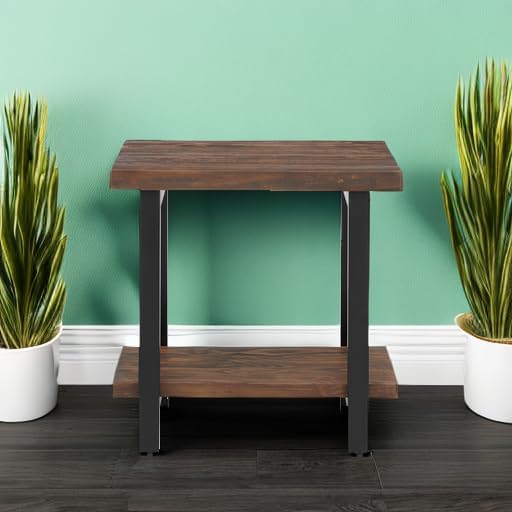 Alaterre Furniture Pomona Solid Wood 2-Tier End Table, Rustic Brown, 27” | Side Table or Nightstand with Storage Shelf and Metal Legs, Industrial Farmhouse Chair Side Table for Living Room or Bedroom