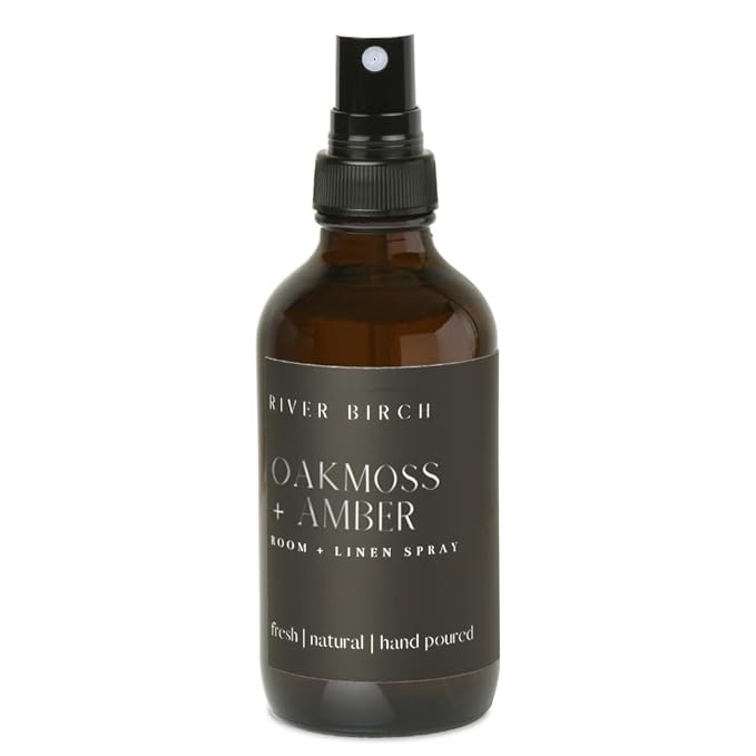 River Birch Oakmoss + Amber Scented Linen and Room Spray | Home Fragrance | 4 oz Glass Amber Bottle | Luxury Signature Scent | Handmade in Texas