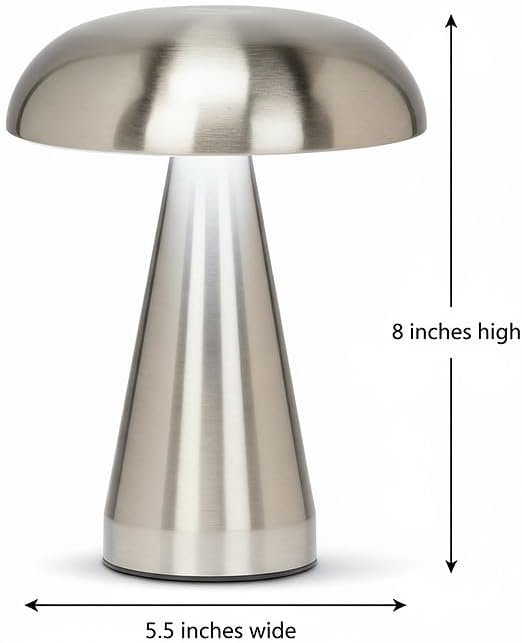 Abbott Collection Metallic Mushroom LED Table Light - Brushed Silver | USB Rechargeable, Cordless & Portable, Dimmable, 3 Brightness Levels, 6000 mAh, 24+ Hr Runtime, 8"H