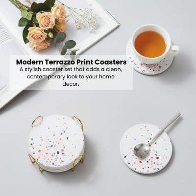 Terrazzo Coasters Set of 6, Ceramic Absorbent Drink Coasters, Cute Moisture Absorbing Coaster, Coffee Table Desk Decor, Colorful Stone Coaster for Drinks (Color Burst)