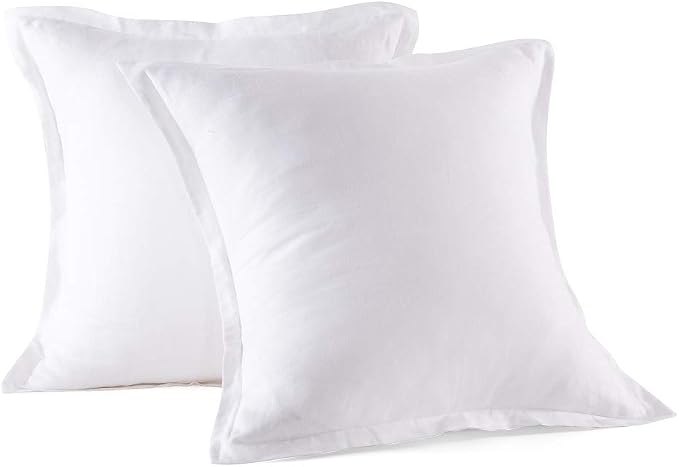 meadow park Stone Washed French Linen European Pillow Shams, Set of 2 Pieces, 26 inches x 26 inches Square Euro Sham, Super Soft, 1 inches Flange, White Color