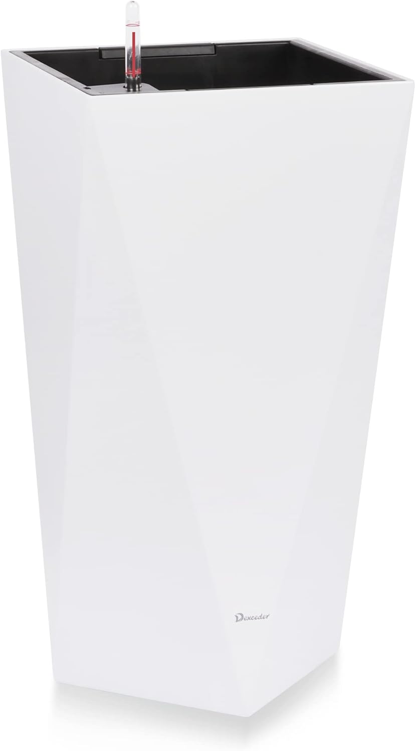 Dexceder 24 Inches Tall Self Watering Planter Diamond High Gloss Indoor Outdoor, Thickened Rhombus Large Floor Standing Flower Plant Pot with Water Level Indicator (White)