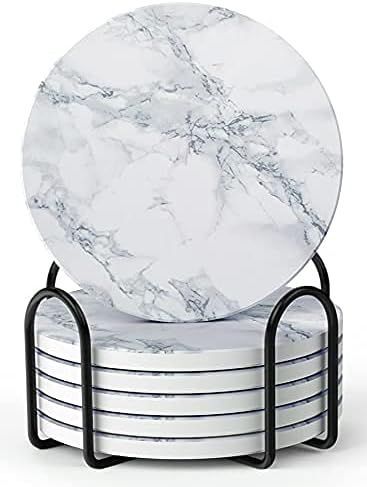 LIFVER 6 Piece Absorbent Coaster Set with Holder + LIFVER Coasters for Drinks, White Marble-Style Absorbent Coasters with Holder
