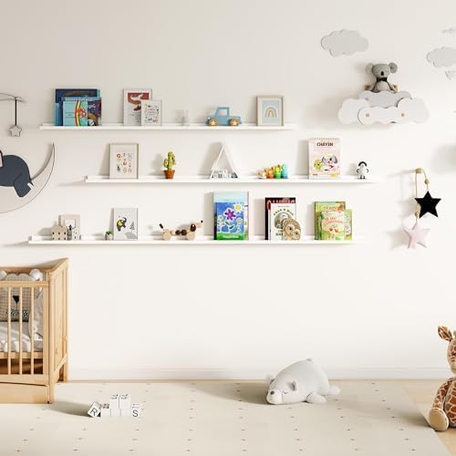 Floating Picture Ledge Shelves for Wall Set of 2, 84 Inches Picture Ledge Shelf with Long Large Nursery Book Shelf for Toys Storage Kids Bookshelf Wall Mounted Living Room Bedroom Decor Frames, White