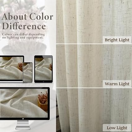 Pitalk Beige Sheer Curtains 80 Inch Length for Living Room 2 Panel Back Tab Rod Pocket Neutral Rustic Modern Farmhouse Semi Privacy Flax Linen Drape Pleated Curtain for Bedroom Wide 52x80 Long Curtain
