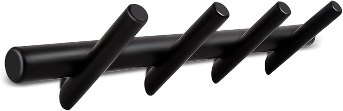 KYSMOTIC Modern Wood Coat Rack - Wall Mounted - Black 4 Peg Coat Hooks - Hanging Clothes Robes Towels Hats