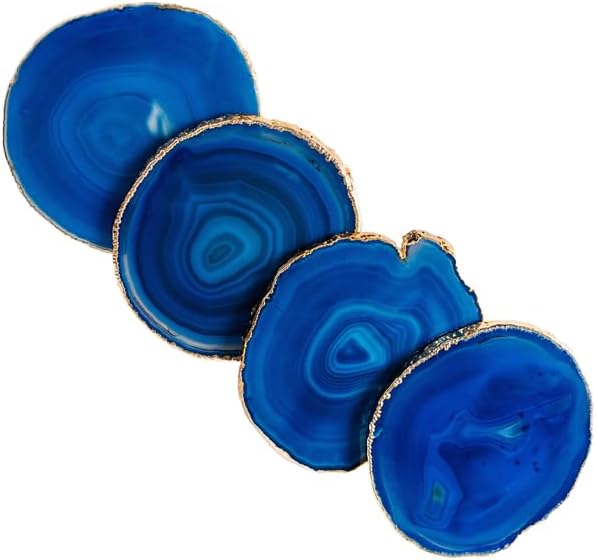 Nature's Decorations Teal Gold Rimmed Agate Coasters - Set of 4, Genuine Polished Stone Table Mats for Dining & Drinks Coffee Table & Kitchen Geode Decor Non-Toxic 4.5-5" Diameter