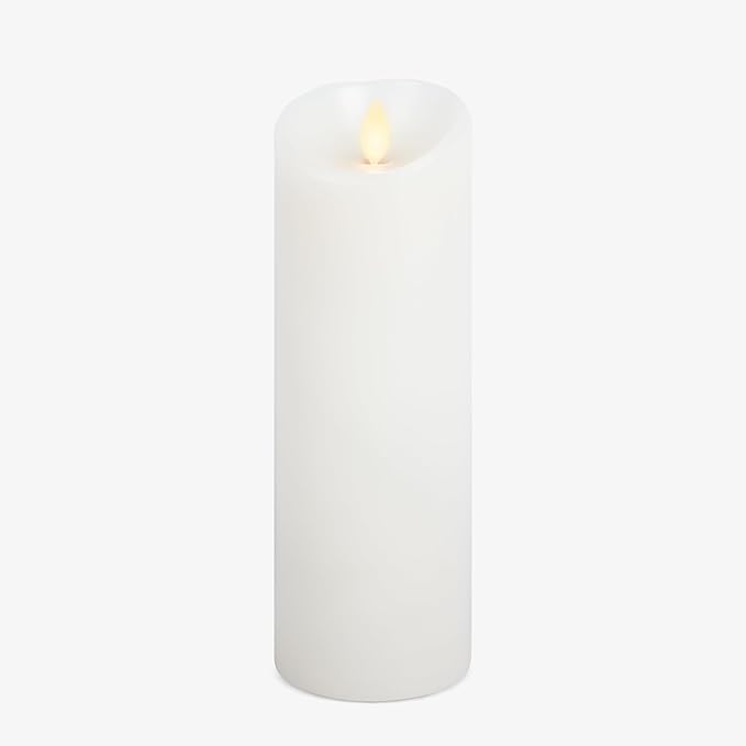 Luminara Realistic Moving Flame LED Candle (3"x8.5") Scalloped Edge Smooth Finish Real Wax Pillar, Battery Operated (2 C) 600 Hr Runtime, Timer, Remote Ready, Unscented - White