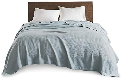 Madison Park 100% Egyptian Cotton Lightweight Summer Blanket, Breathable Waffle Knit Design, Soft Cozy All-Season Throw for Bed, Couch or Sofa, Light Blue King Size (108"x90")