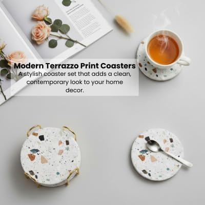 Terrazzo Coasters Set of 6, Ceramic Absorbent Drink Coasters, Cute Moisture Absorbing Coaster, Coffee Table Desk Decor, Colorful Stone Coaster for Drinks (Granite)