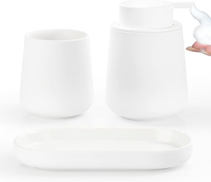 BosilunLife Ceramic Bathroom Accessories Set 3 Pcs, Foaming Soap Dispenser and Toothbrush Holder with Tray, Modern Farmhouse Vanity Decor, White Housewarming Gift