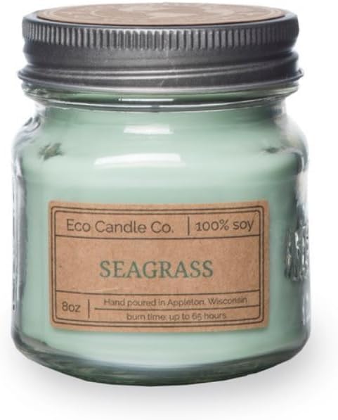 ECO CANDLE CO. Mason Jar Candle, Seagrass, 8 oz. - Scents of Coconut, Jasmine, Eucalyptus, Vetiver, Driftwood, & Seaweed - 100% Soy Wax, No Lead, Kraft Label & Antiqued Pewter Lid, Hand Made