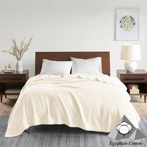 Madison Park 100% Egyptian Cotton Lightweight Summer Blanket, Breathable Waffle Knit Design, Soft Cozy All-Season Throw for Bed, Couch or Sofa, Ivory Cream King Size (108"x90")