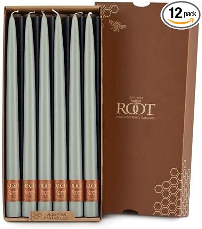 Root Candles 12-Count Unscented Taper Candles Smooth Hand-Dipped Dripless Beeswax Enhanced Boxed Candle Set, 12-Inch, Sage Green