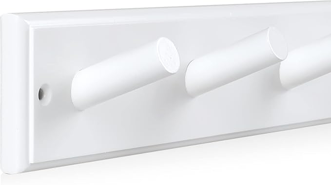 Wood Coat Rack Wall Mounted, 16'' Hole to Hole Wooden Peg Rail for Wall Hangers, 5 Pegs Bamboo Wall Hook for Hanging Towels Hats Robes Clothes Keys, White