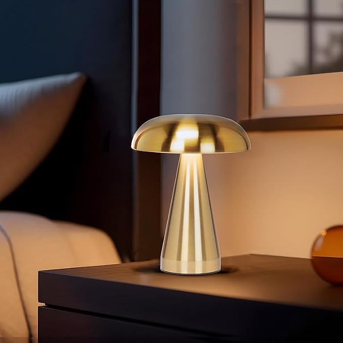 Abbott Collection Trilite Cordless Mushroom LED Table Lamp, Rechargeable Light - Metal, Gold (8 inches)