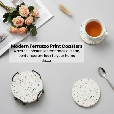 Terrazzo Coasters Set of 6, Ceramic Absorbent Drink Coasters, Cute Moisture Absorbing Coaster, Coffee Table Desk Decor, Colorful Stone Coaster for Drinks (Confetti with Black Holder)
