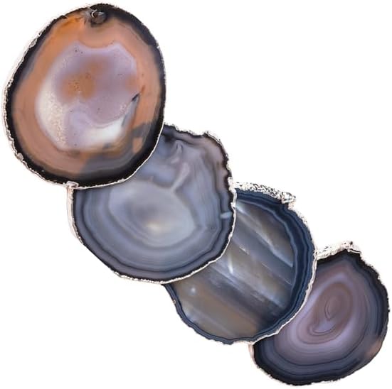 Nature's Decorations Natural Agate Stone Coasters with Real Silver Edge - Set of 4 Polished Geode Drink Mats for Dining & Coffee Table & Kitchen Decor No Dye 3.5-4" Diameter