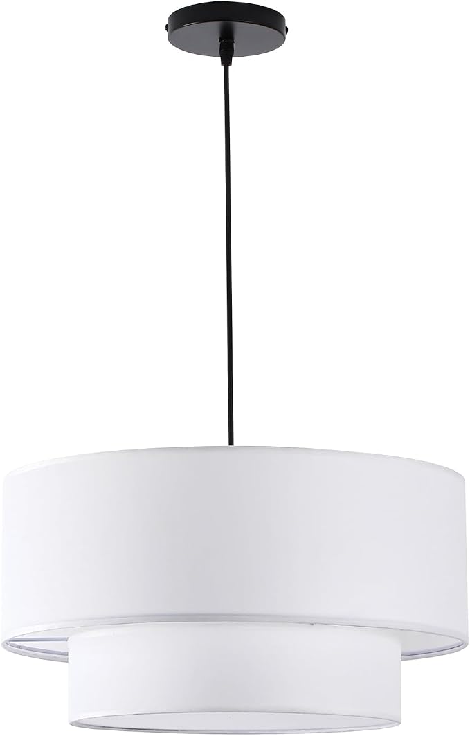 18" Drum Pendant Light Fixture, 3 Light Drum Chandelier with Wihte Fabric Lampshade, 2 Tier Dining Room Light Fixtures over Table, Ceiling Drum Chandeliers for Dining Room, Bedroom and Living Room
