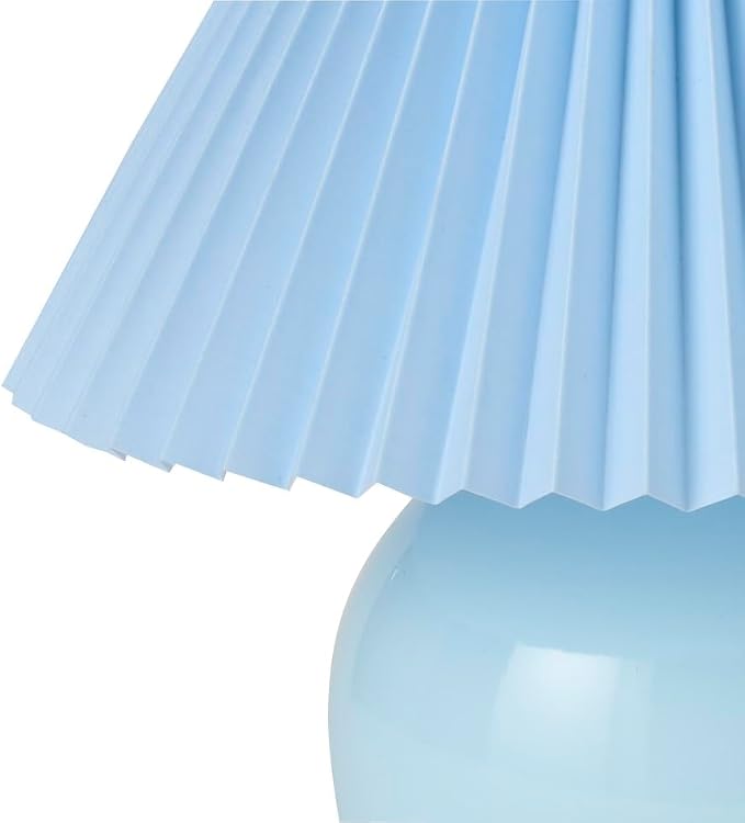 Nourison Home 13" Light Blue Ceramic Round Lamp with Pleated Shade for Bedroom, Living Room, Console, Entryway (Pack of 1)