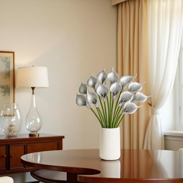 Floral Kingdom 20 Pack Artificial Calla Lily Flowers 14 Inch Silver Real Touch Faux Calla Lilies for Home Decor, Table Centerpieces, Living Room & Weddings