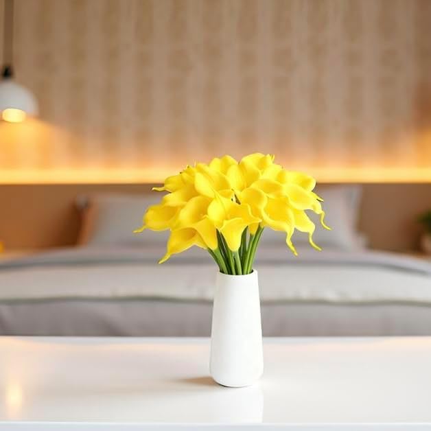 Floral Kingdom 20 Pack Artificial Calla Lily Flowers 14 Inch Yellow - Real Touch Latex Flowers for Home Decor, Kitchen Counters, Breakfast Nooks & Weddings