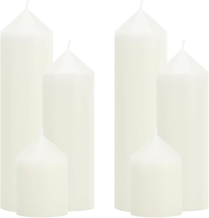 6 Pcs White Pillar Candles Bulk Set, 3 Different Lengths 2 x 3/6/8 Inch (2 Each), Dripless Unscented Smokeless,Hurricane Candles,Gives You a Better Atmosphere When Organizing an Event Party.