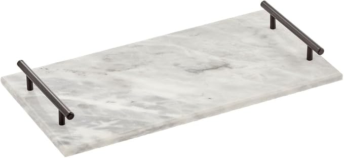mDesign Thin Marble Pastry Board, Cutting Slab Kitchen Serving Tray with Deco Handles for Baking, Chopping, and Rolling - Serve Bread, Candy, Chocolate, Cheese, and Appetizers - Marble/Black