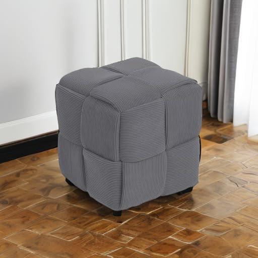 Cmishe 15" Square Woven Corduroy Ottoman Footrest - Modern Vanity Stool for Living Room & Entryway, Eco-Friendly Wood Frame, No Assembly (Grey)