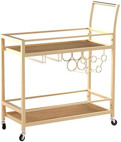 FirsTime & Co. Gold and Brown Francesca Bar Cart, 2 Tier Mobile Mini Bar, Kitchen Serving Cart and Coffee Station with Storage for Wine and Glasses, Metal and Wood, Modern