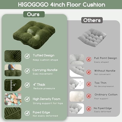 HIGOGOGO Floor Pillow Cushion for Adults, Meditation Cushion Pillow, Large Square Floor Sitting, Tufted Corduroy Cover, for Tatami Living Room or Yoga, Dark Green