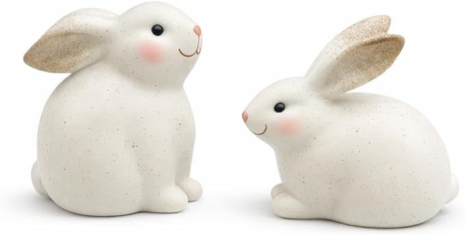 GoGnome Set of 2 Resin Easter Bunny Figurines – Speckled Ivory Rabbit Decor, Hand-Painted Spring Home Accents for Shelf, Mantel & Tabletop Easter Decoration Indoor (Off White)