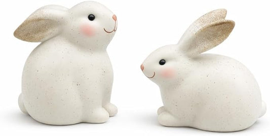 GoGnome Set of 2 Resin Easter Bunny Figurines – Speckled Ivory Rabbit Decor, Hand-Painted Spring Home Accents for Shelf, Mantel & Tabletop Easter Decoration Indoor (Off White)