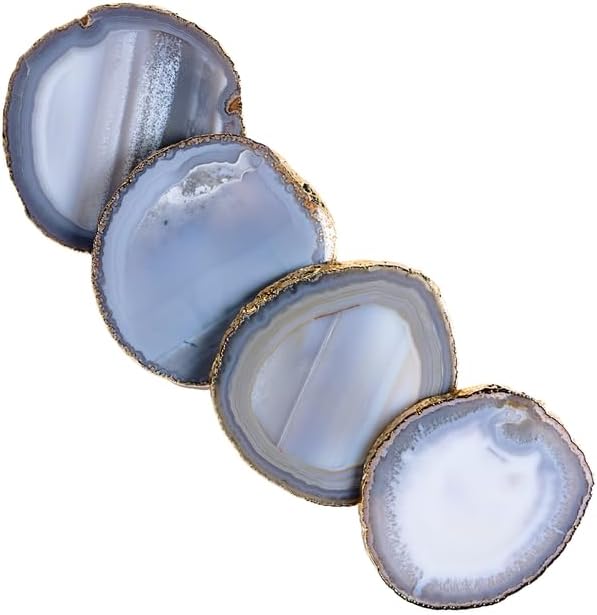 Nature's Decorations Natural Agate Stone Coasters - Set of 4 Polished Geode Drink Mats for Dining & Coffee Table & Kitchen Decor No Dye 3.5-4" Diameter
