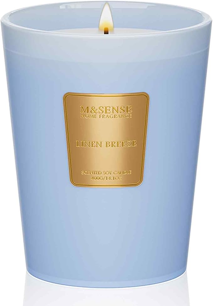 M&SENSE Linen Breeze Soy Candle, 14.1oz, Fresh Home Fragrance | 60H Long Burn, Non-Toxic, Summer Room Refresh, Stress Relief, Relaxation, Housewarming Gift
